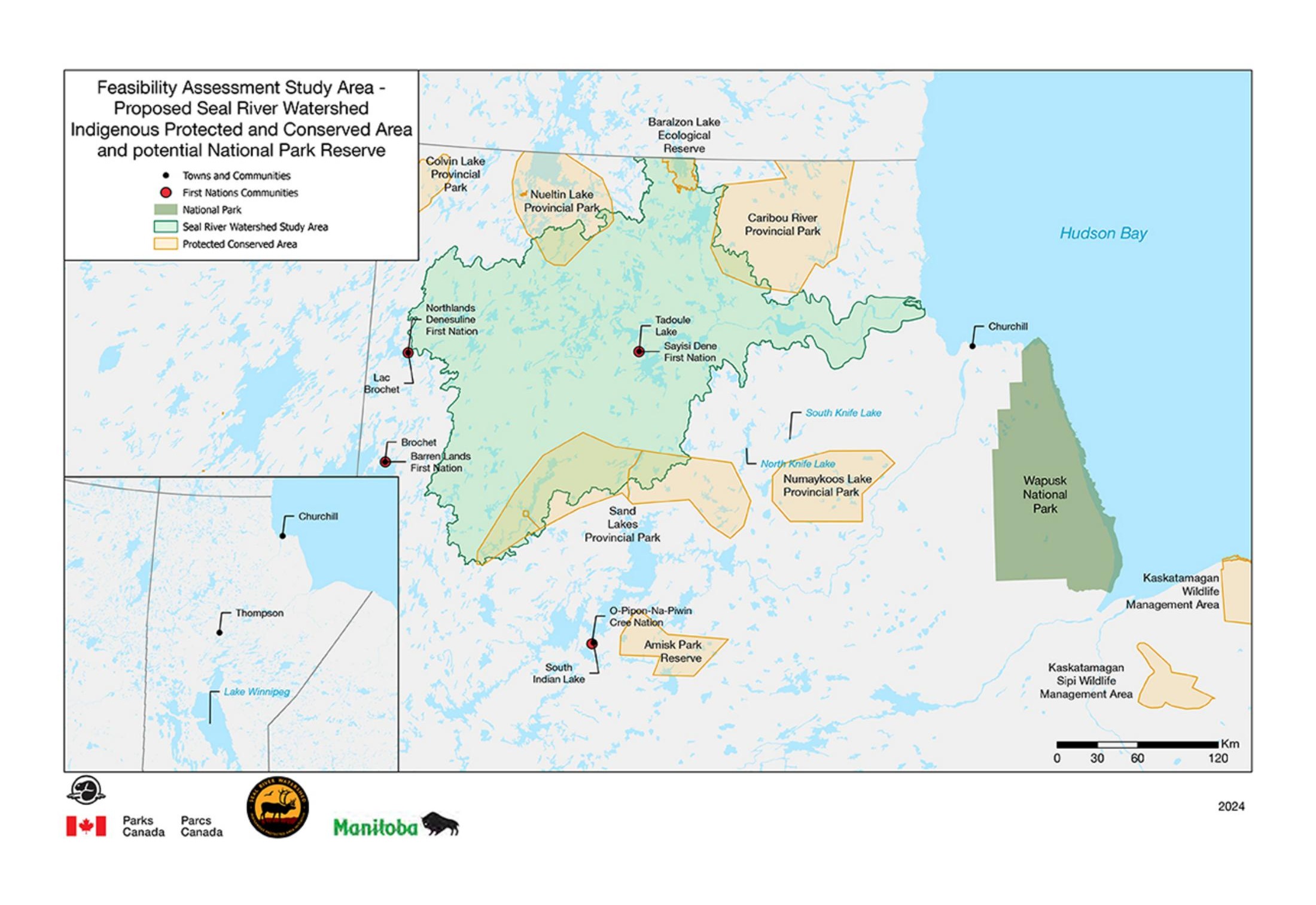 Feasibility Assessment Study Area map of the Seal River Watershed, Parks Canada 2025